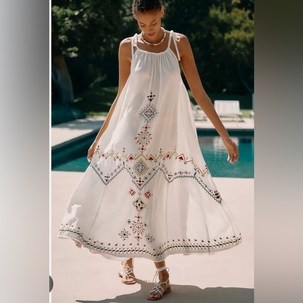 Anthropologie Embroidered Maxi Dress Size M Ivory
